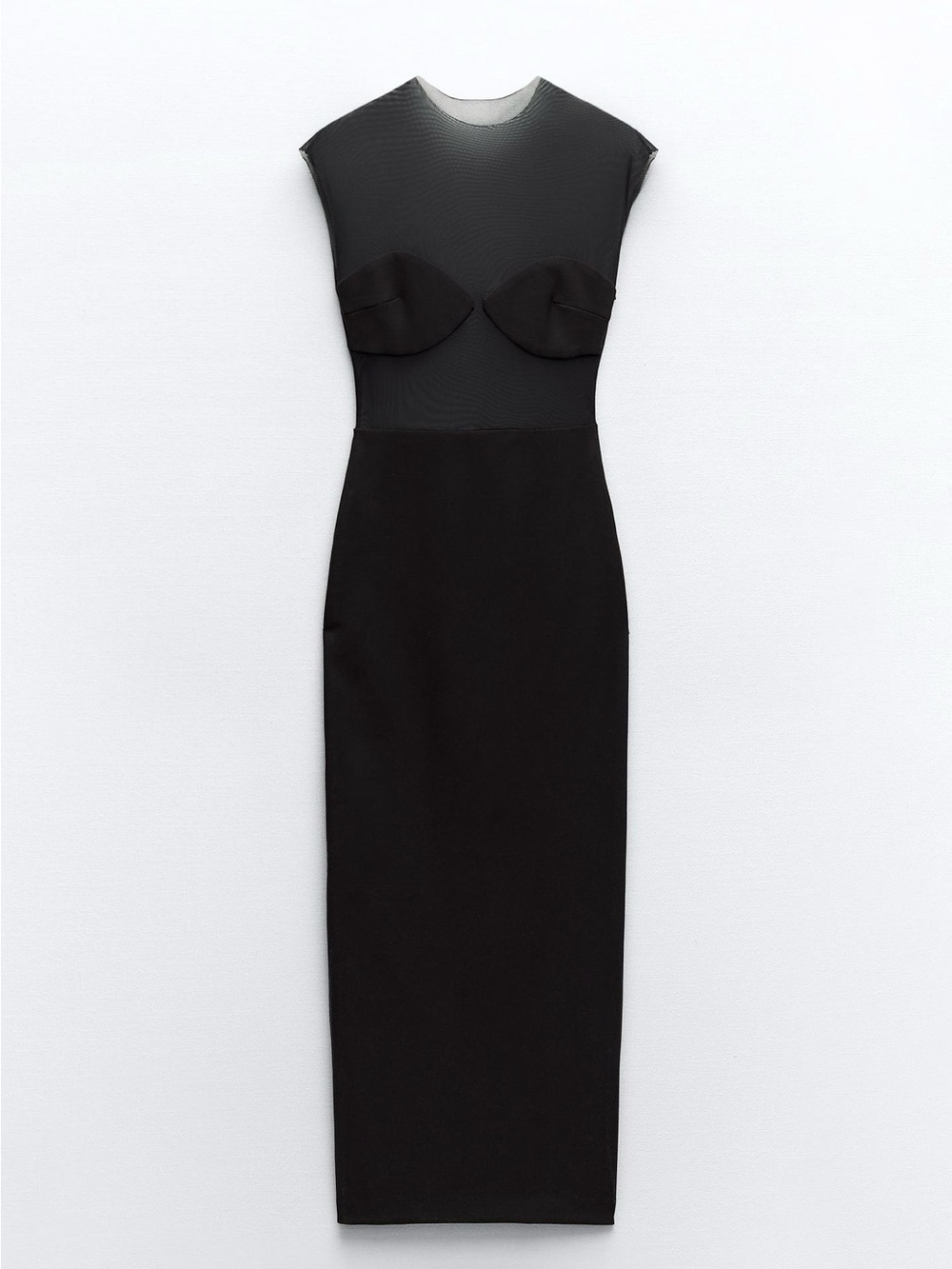 Zara mixed tulle dress sheer mesh Black Sleek Midi Dress with Sculpted Bust